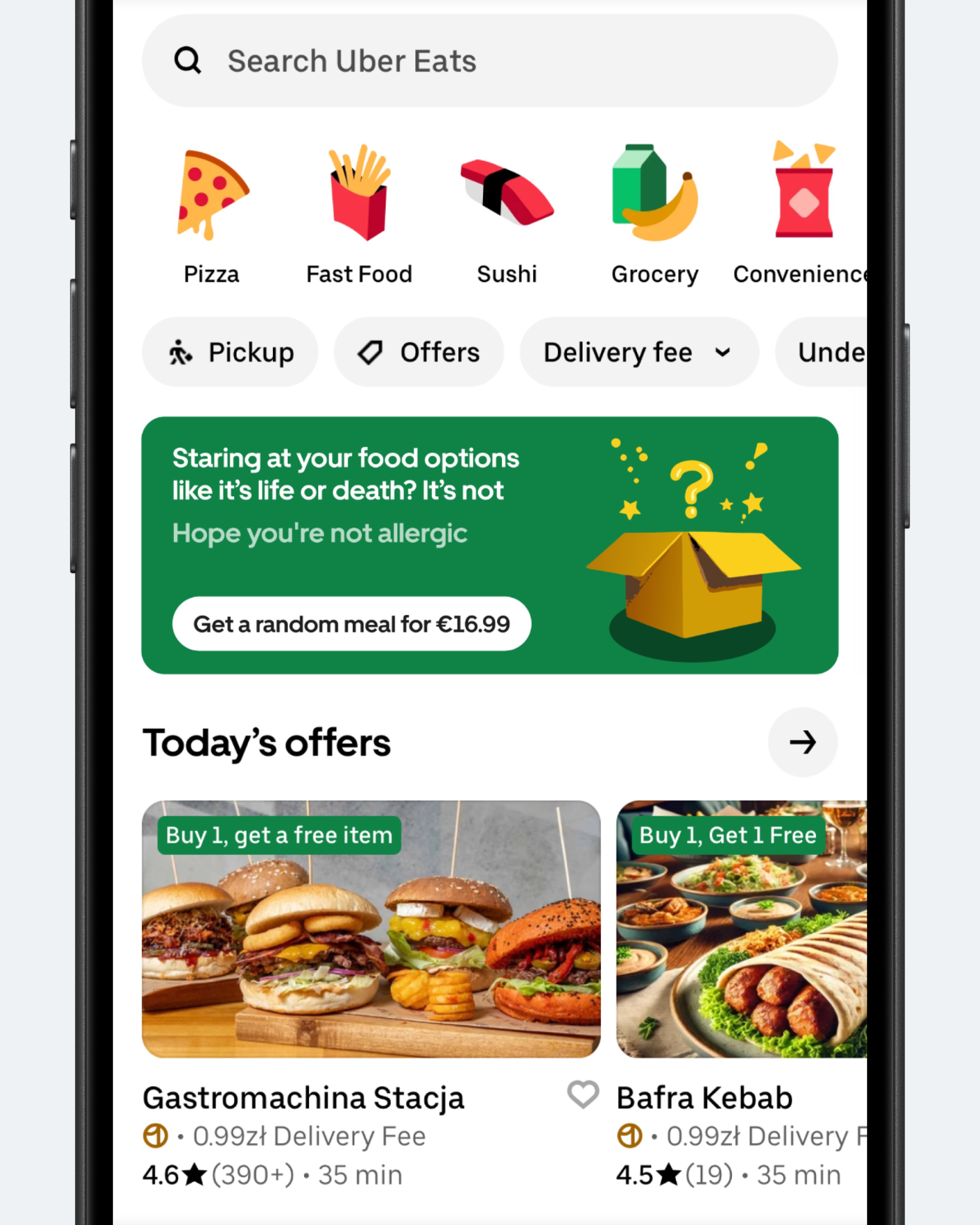 Концепт: интерфейс Uber Eats с функцией заказа случайного блюда за фиксированную цену
