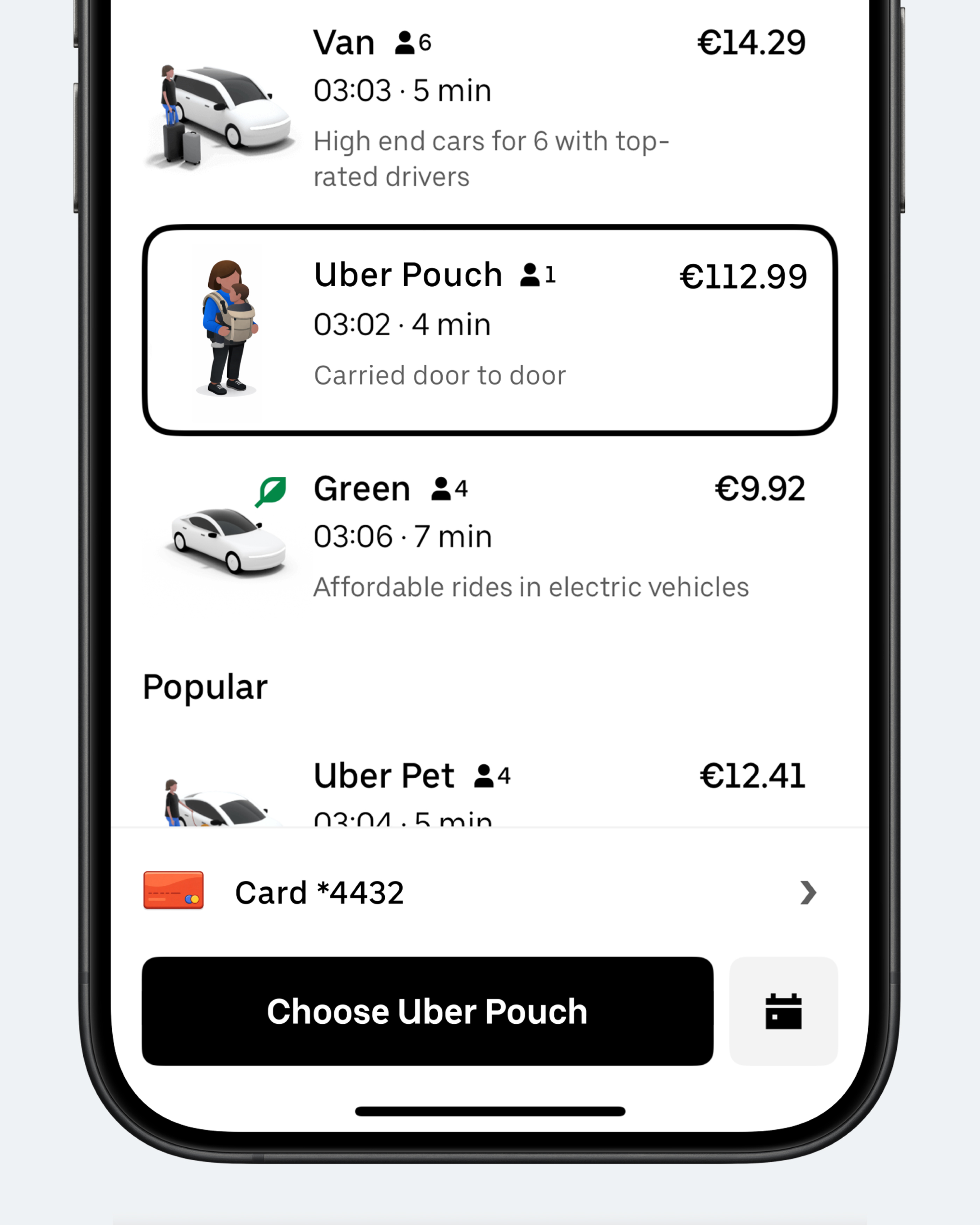 Концепт: экран Uber с новым сервисом Uber Pouch для поездок в переноске