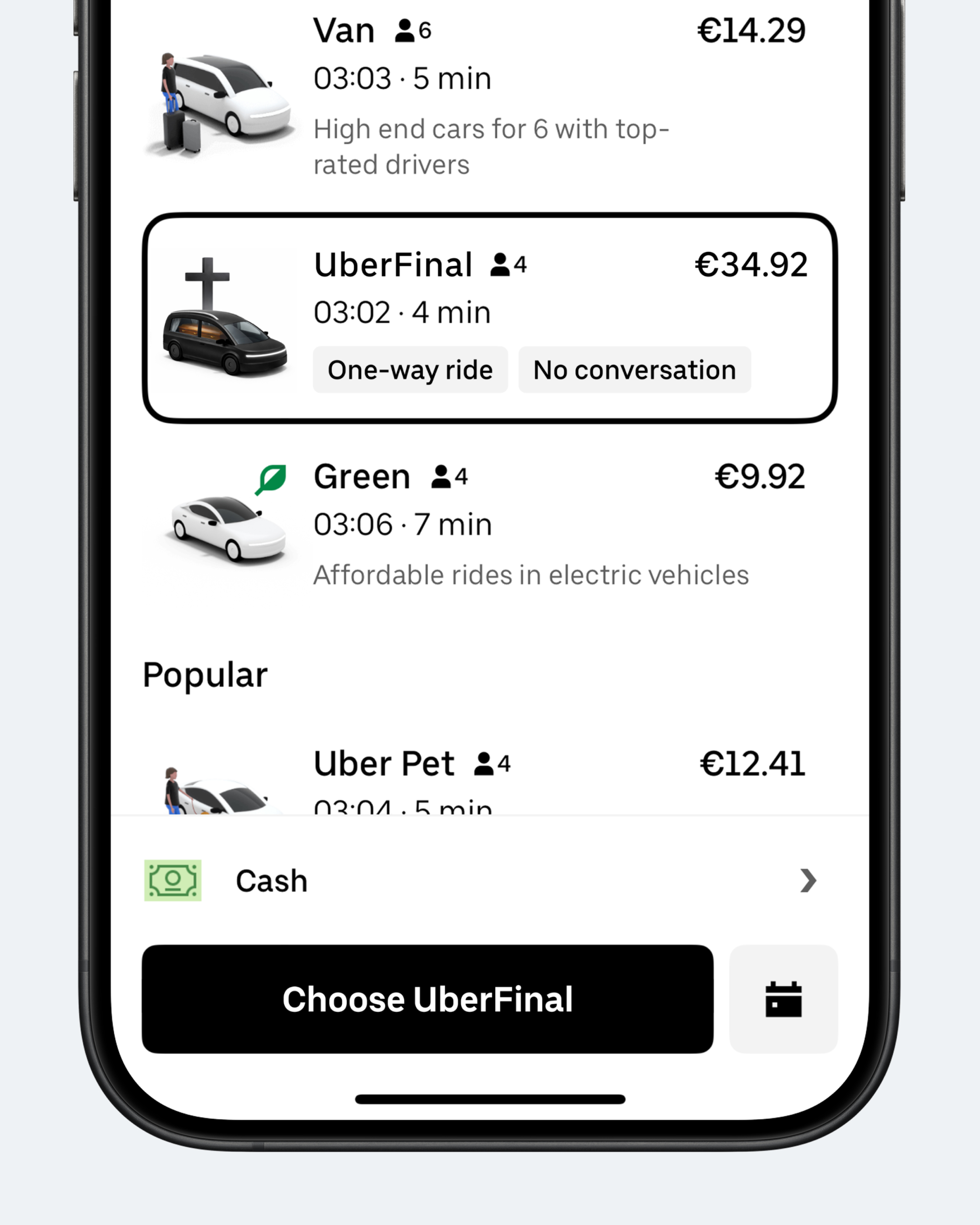 Концепт: экран выбора услуги Uber с сервисом заказа катафалка UberFinal