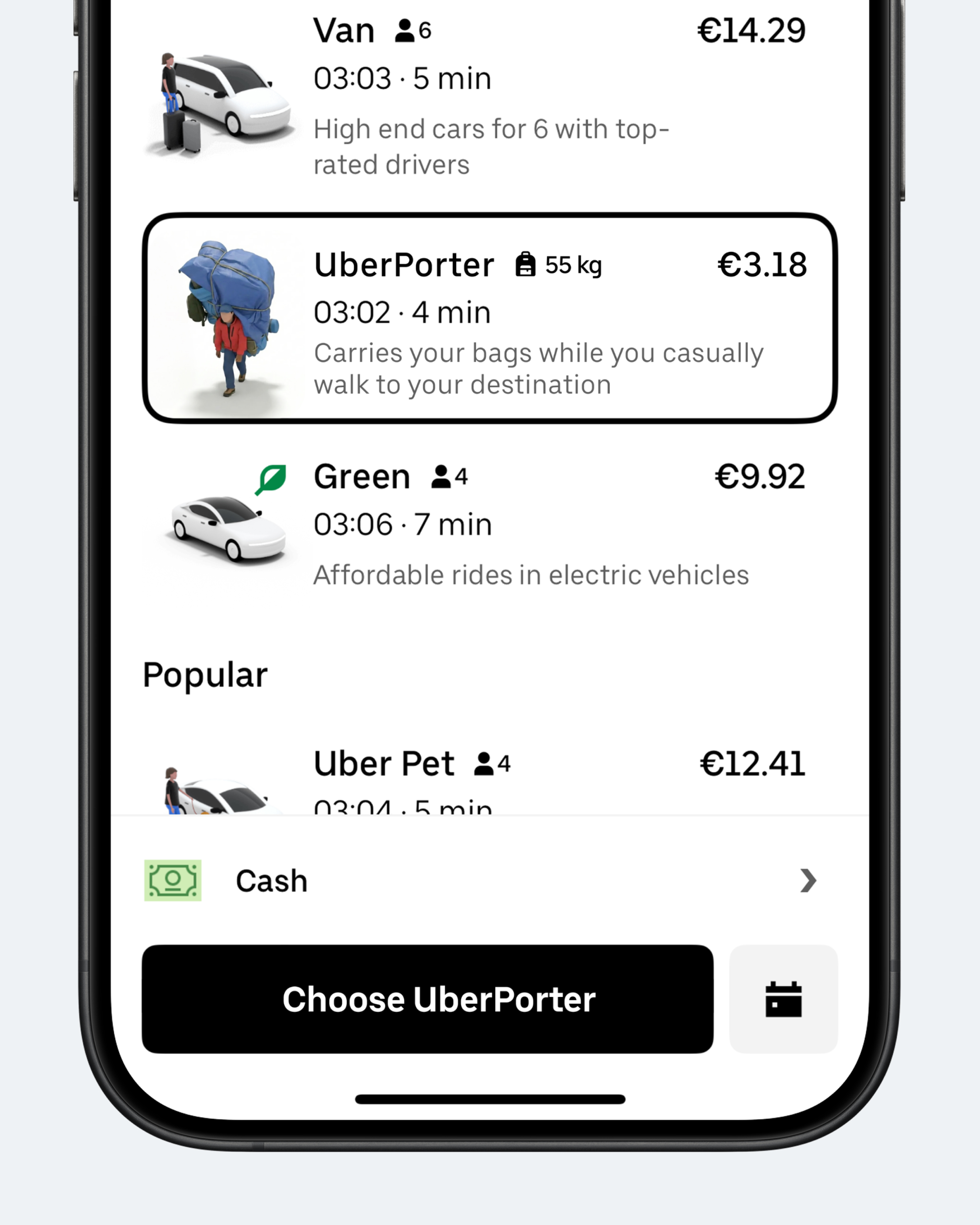 Концепт: экран Uber с новым сервисом UberPorter для доставки багажа