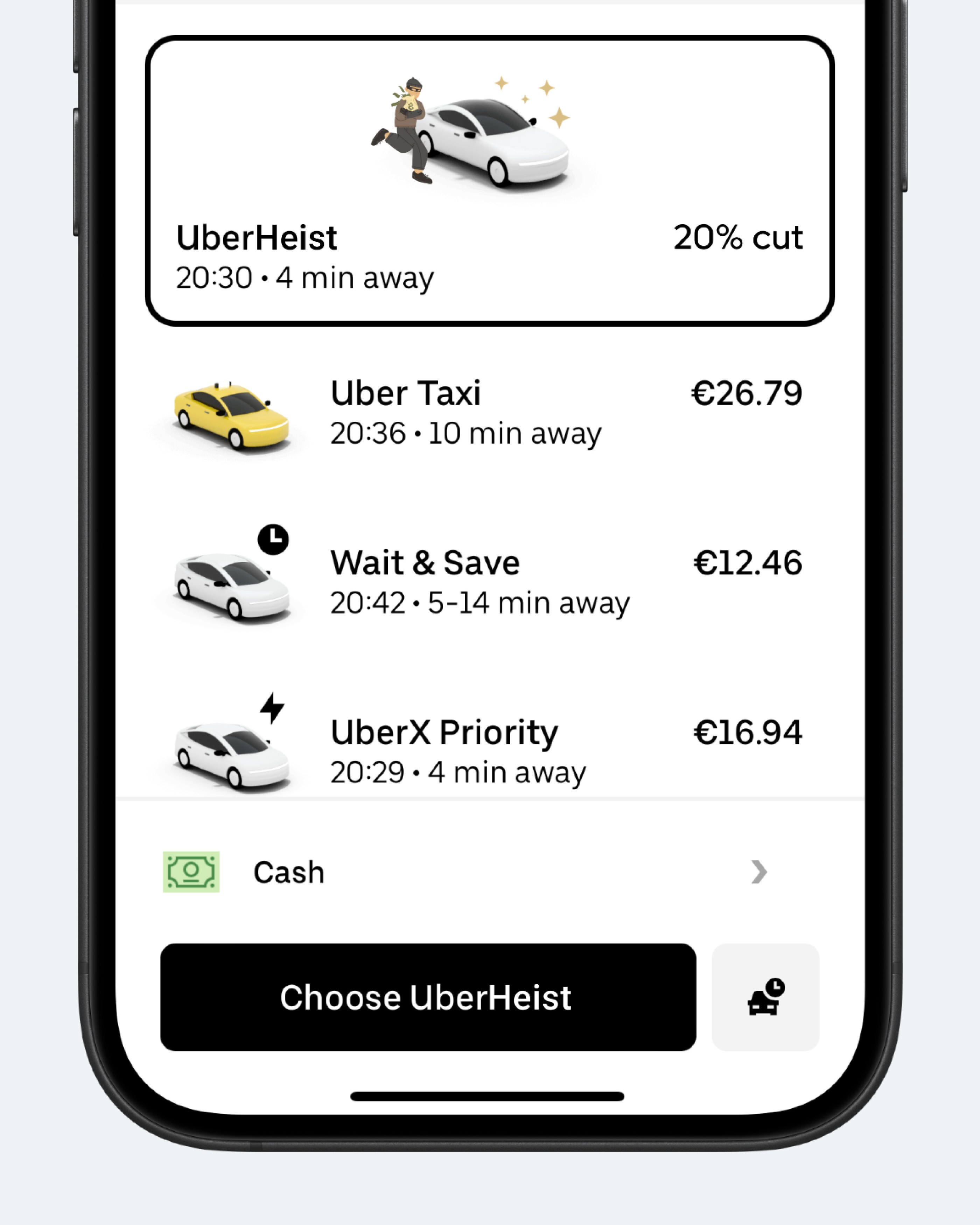 Концепт: экран выбора тарифа Uber с вымышленным сервисом UberHeist для ограблений