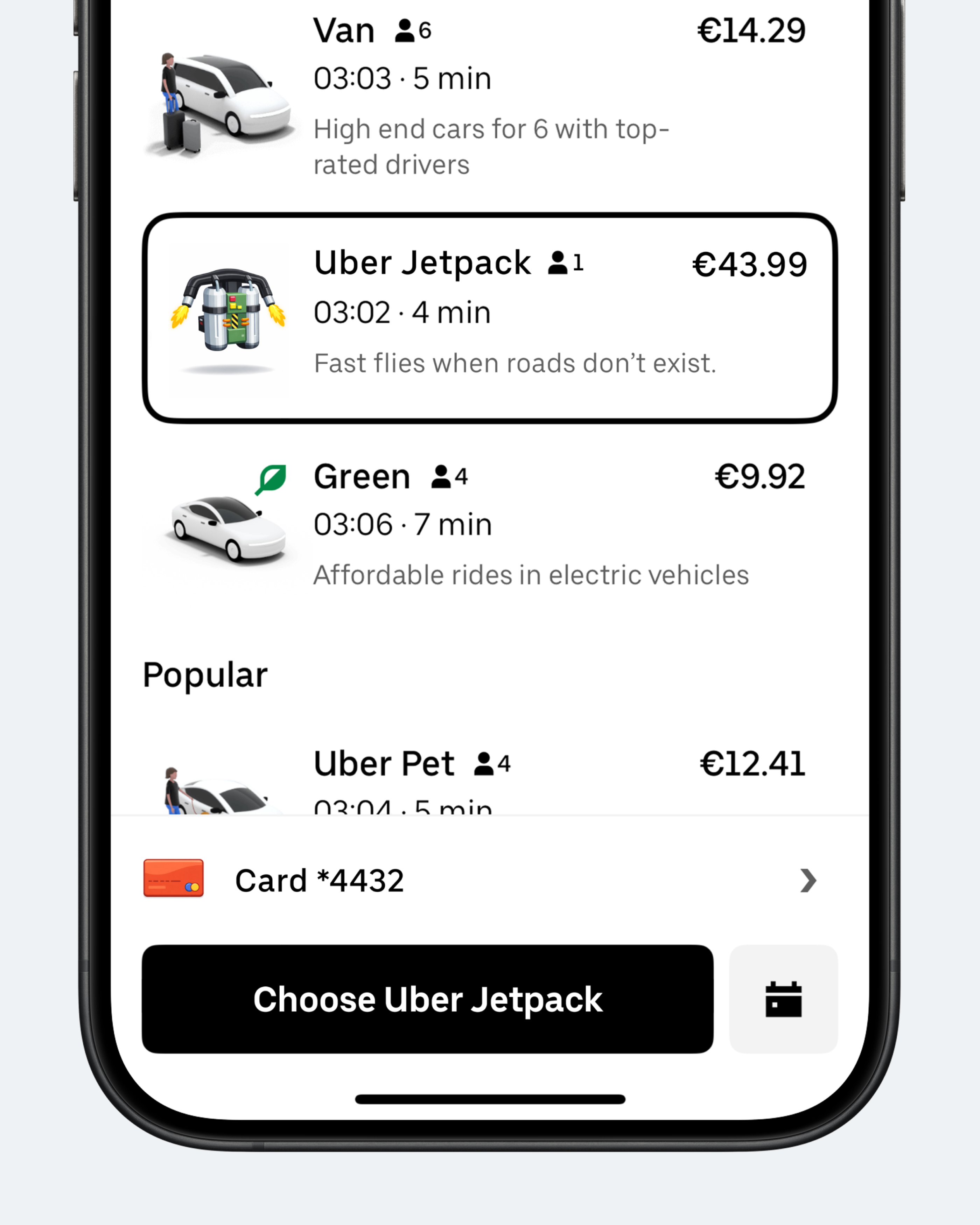 Концепт: экран выбора тарифа Uber с новым сервисом Jetpack для полётов
