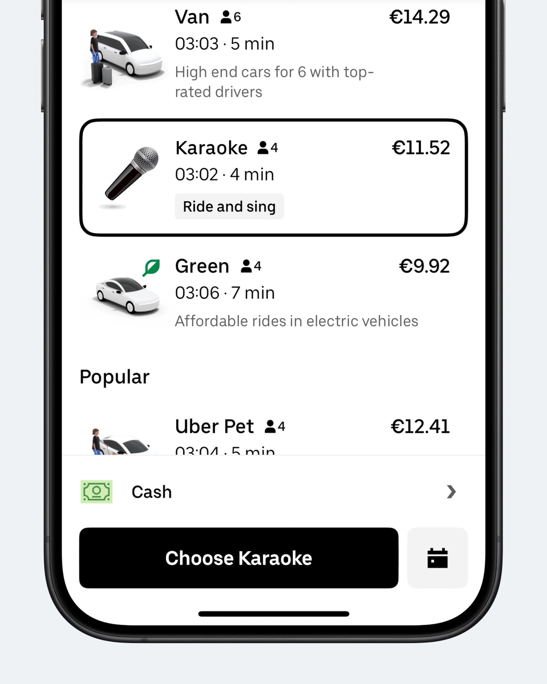 Концепт: экран выбора тарифов Uber с новым режимом караоке
