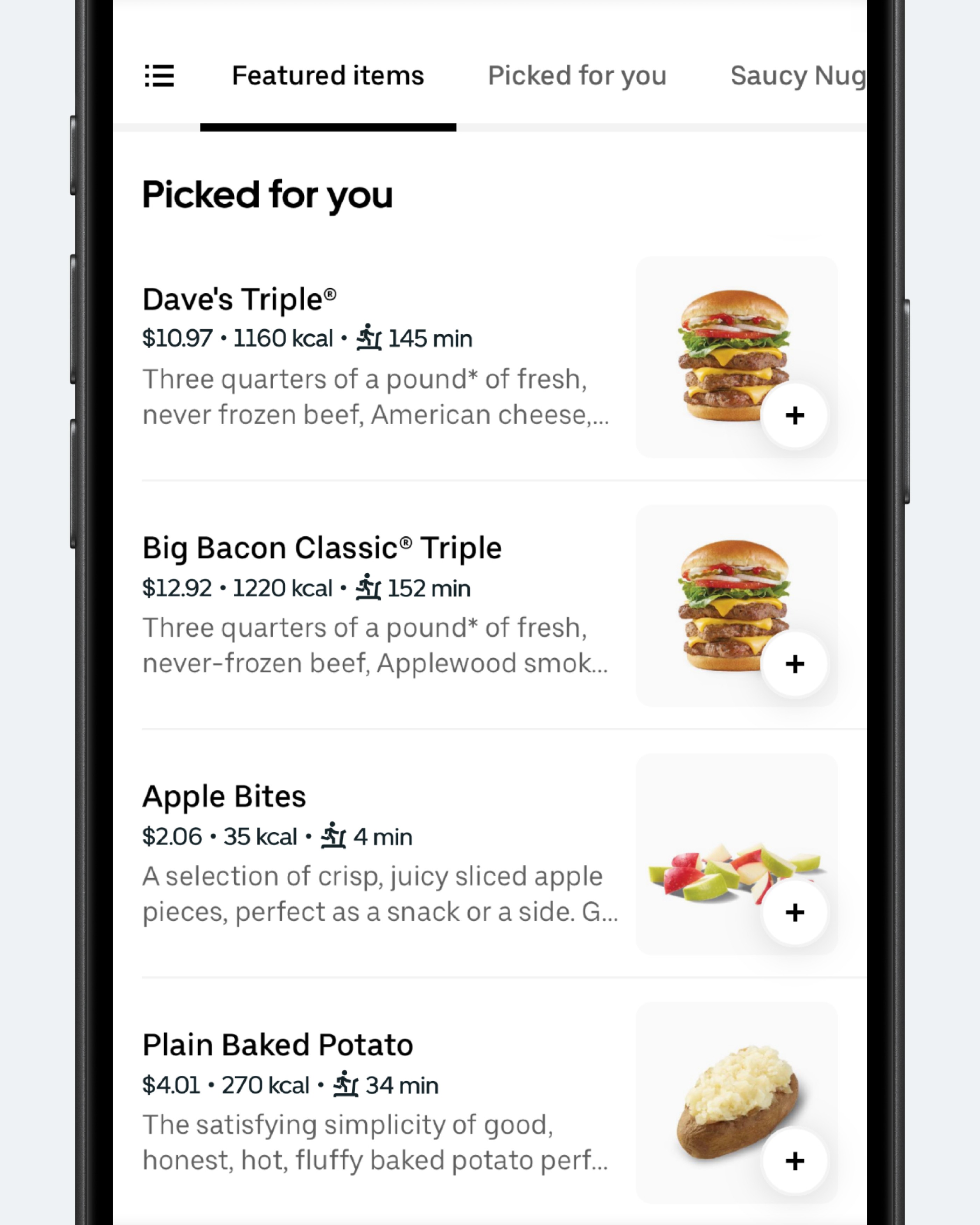 Концепт: интерфейс UberEats с добавлением времени беговой дорожки рядом с калориями блюд
