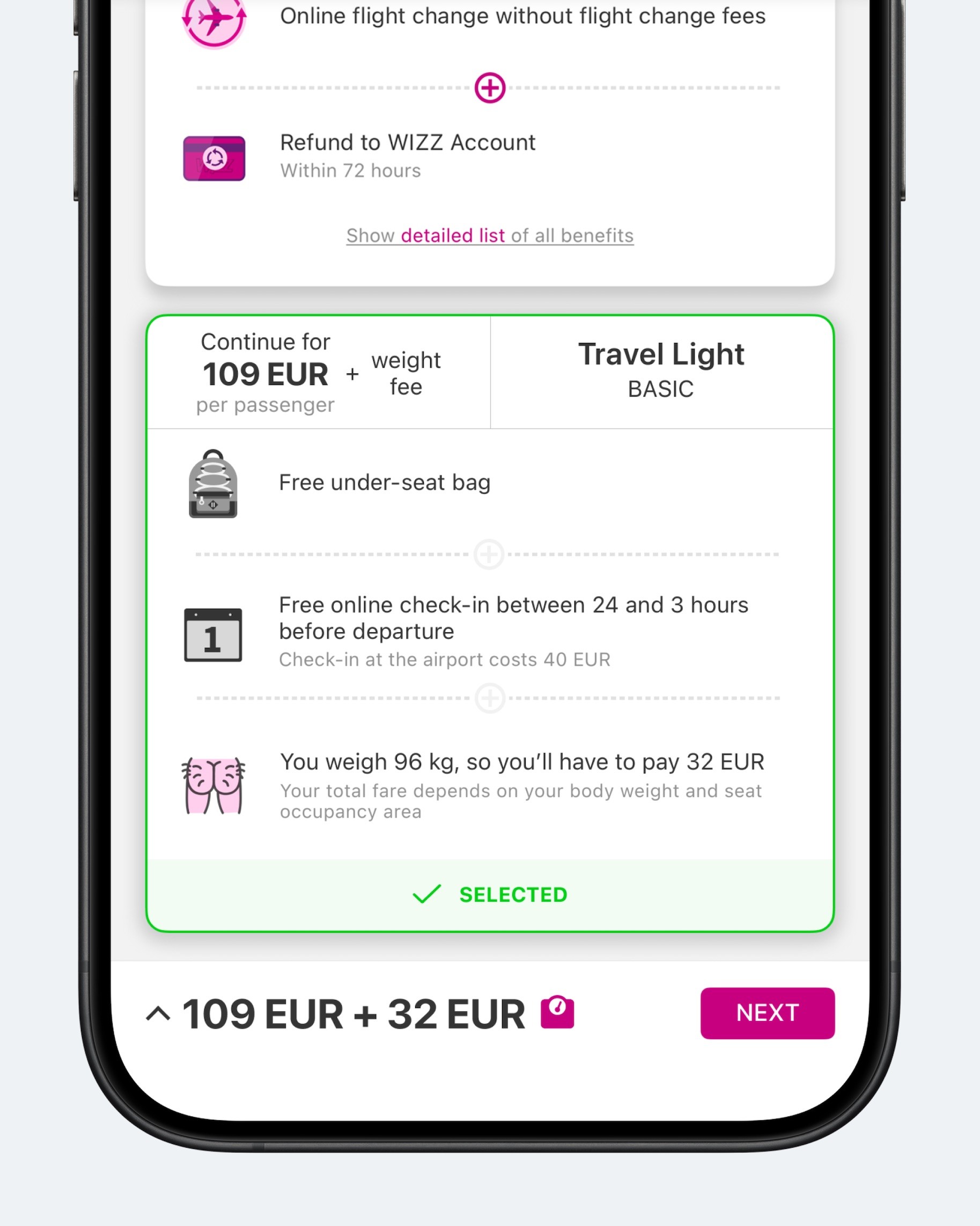 Wizz Air flight options on a phone screen.  Continue for 109 EUR plus a weight fee, Travel Light BASIC, Free under-seat bag.