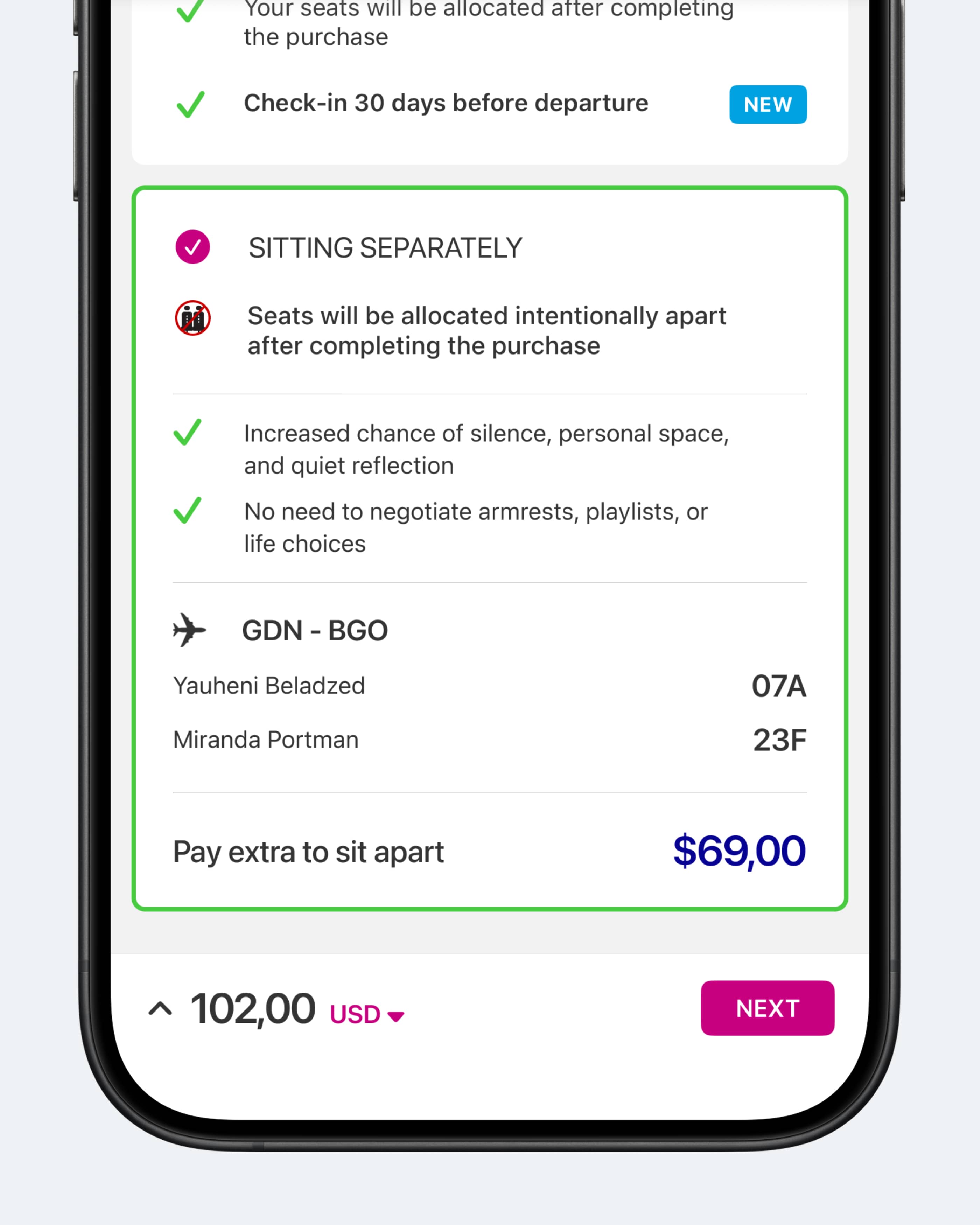 Концепт: экран приложения Wizz Air с опцией платной услуги раздельной посадки пассажиров