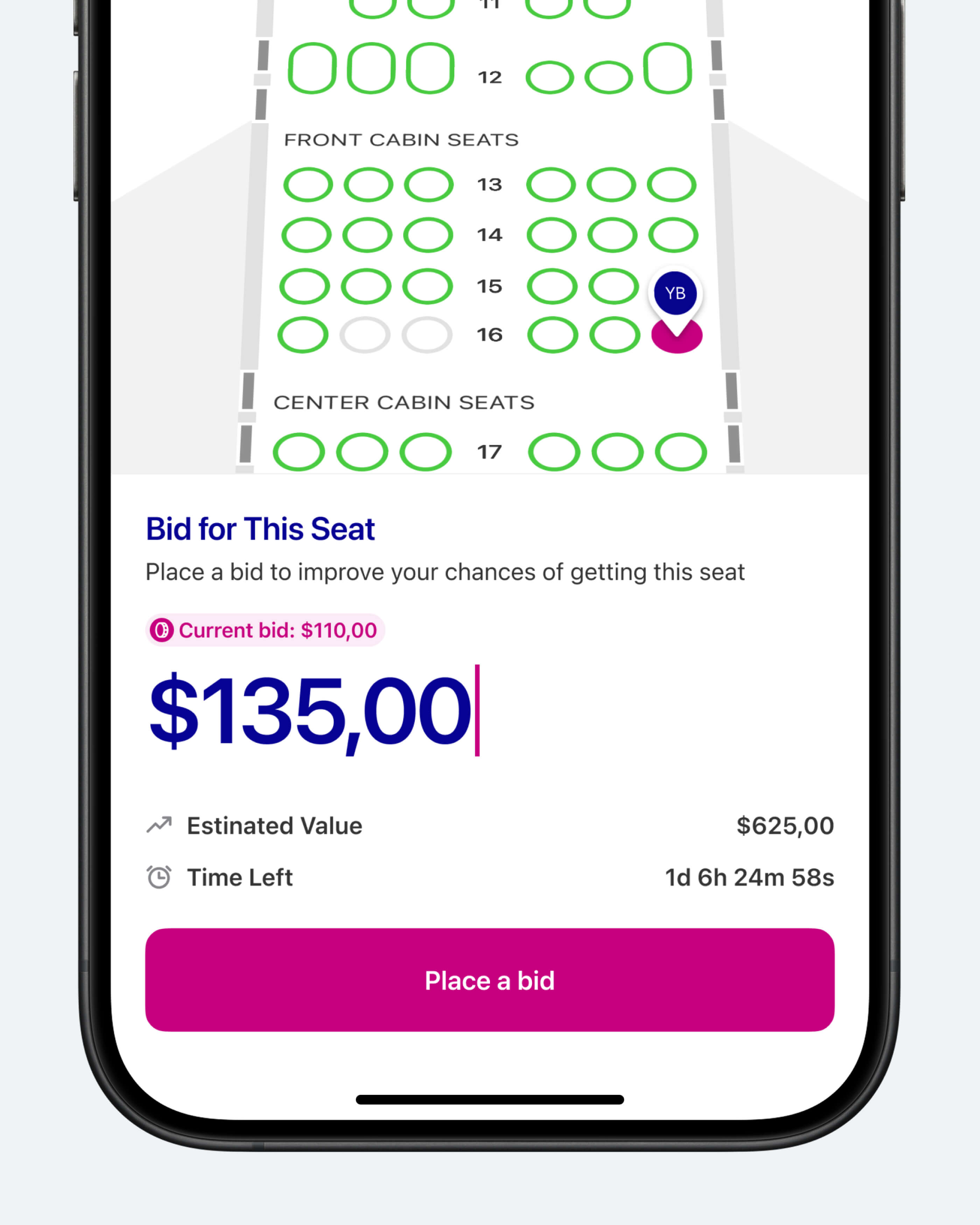 Концепт: экран аукциона мест в самолёте Wizz Air с текущей ставкой и схемой кабины