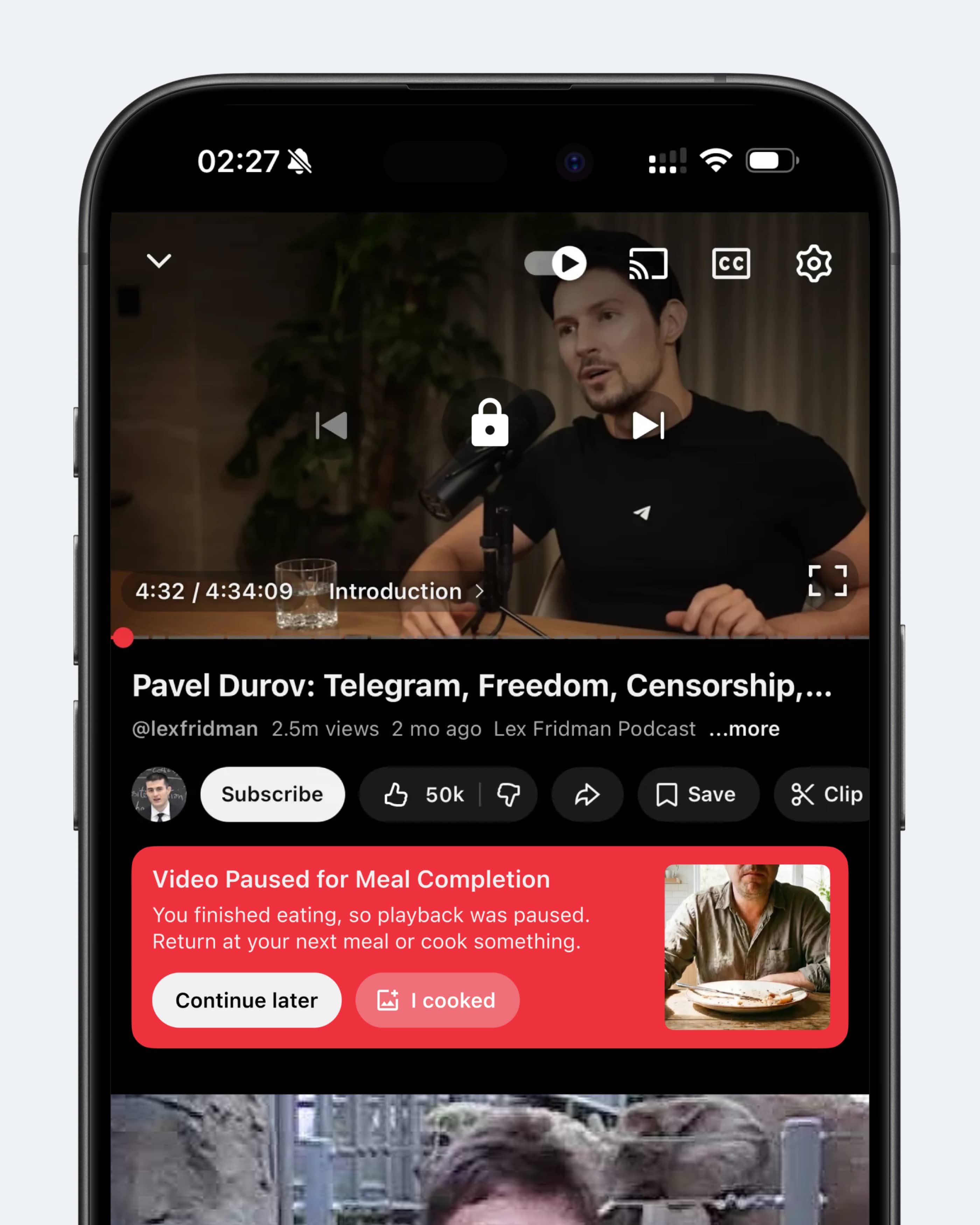 Концепт: интерфейс YouTube, который паузирует видео, когда закончилась еда во время просмотра